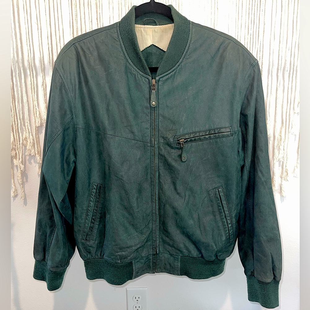 Vintage Angelo Litrico Authentic Dark Green Cowhide Leather Bomber Jacket Sz L